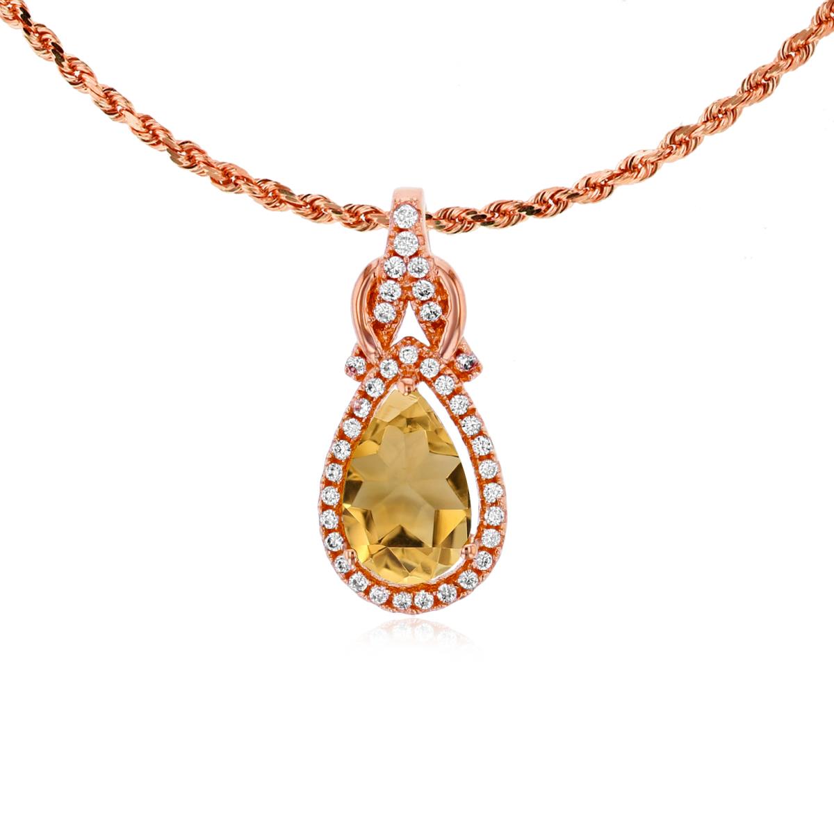 10K Rose Gold 8x5mm Pear Cut Citrine & 0.11 CTTW Rnd Diamond Knot 18" Rope Chain Necklace