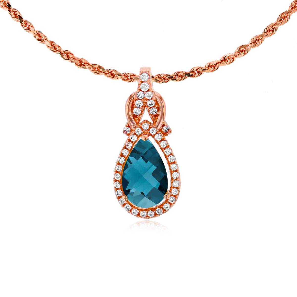 10K Rose Gold 8x5mm Pear Cut London Blue Topaz & 0.11 CTTW Rnd Diamond Knot 18" Rope Chain Necklace