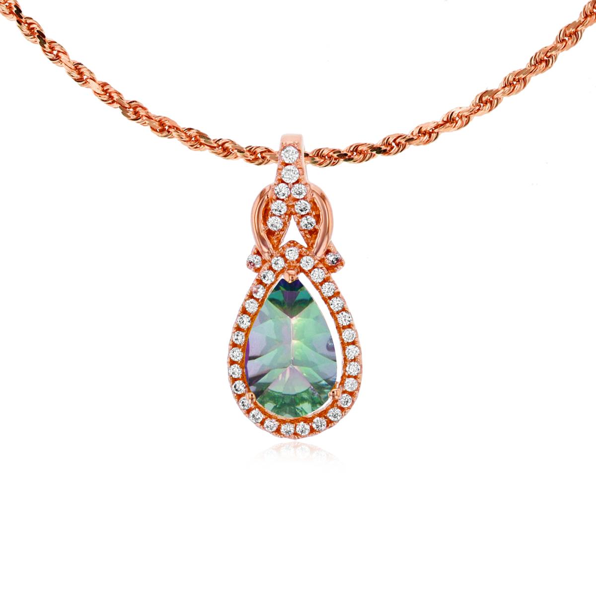 10K Rose Gold 8x5mm Pear Cut Mystic Green Topaz & 0.11 CTTW Rnd Diamond Knot 18" Rope Chain Necklace