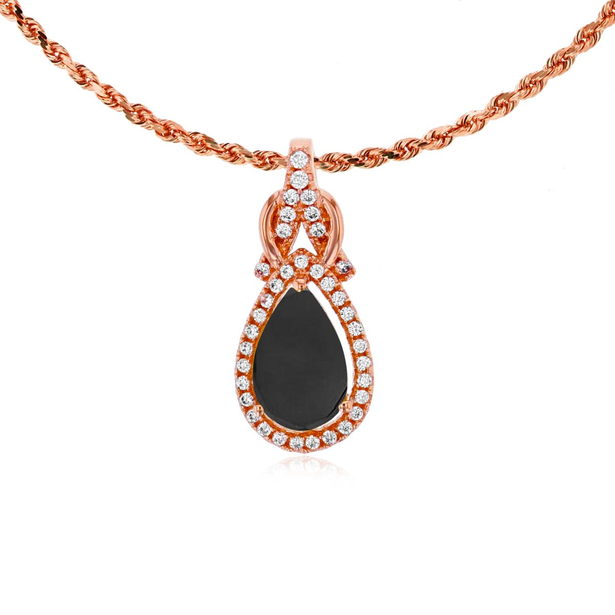 10K Rose Gold 8x5mm Pear Cut Onyx & 0.11 CTTW Rnd Diamond Knot 18" Rope Chain Necklace