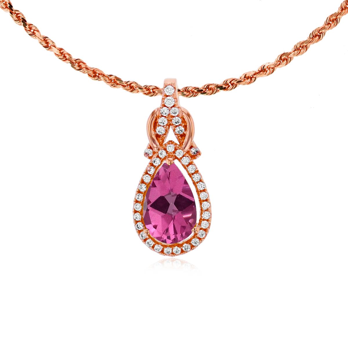 10K Rose Gold 8x5mm Pear Cut Pure Pink & 0.11 CTTW Rnd Diamond Knot 18" Rope Chain Necklace