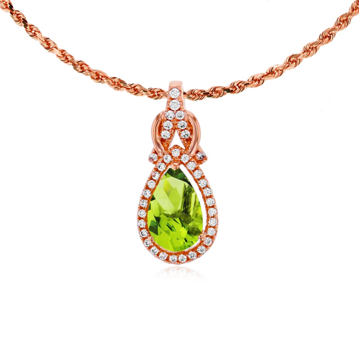10K Rose Gold 8x5mm Pear Cut Peridot & 0.11 CTTW Rnd Diamond Knot 18" Rope Chain Necklace