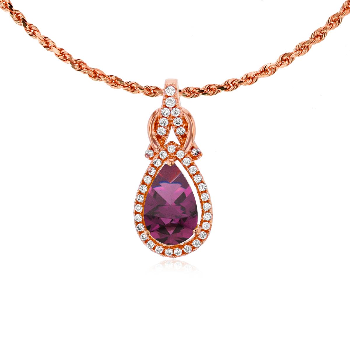 10K Rose Gold 8x5mm Pear Cut Rhodolite & 0.11 CTTW Rnd Diamond Knot 18" Rope Chain Necklace