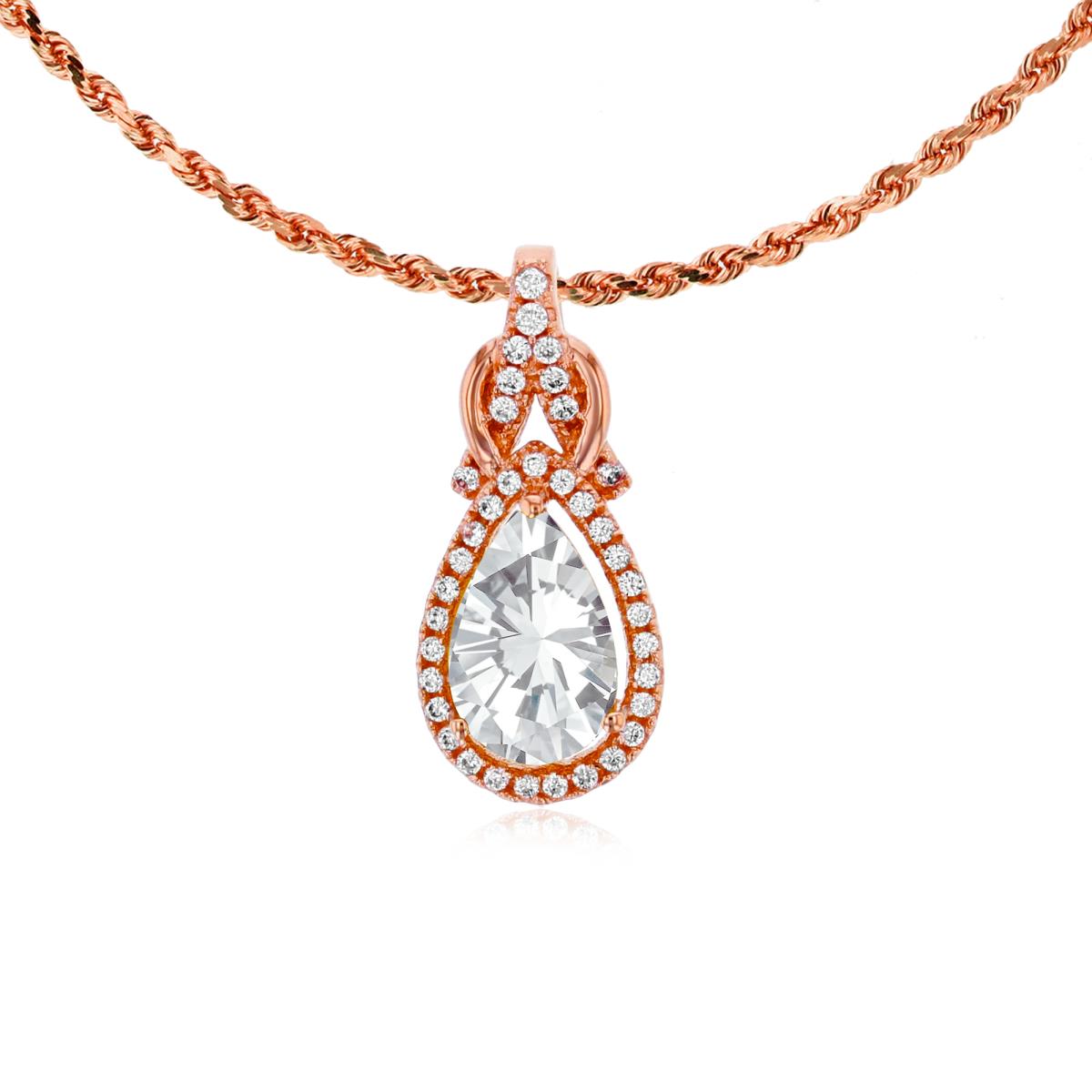 10K Rose Gold 8x5mm Pear Cut White Topaz & 0.11 CTTW Rnd Diamond Knot 18" Rope Chain Necklace