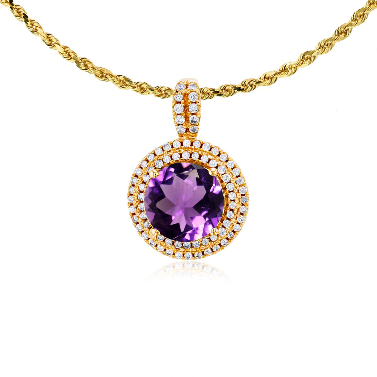14K Yellow Gold 7mm Round Amethyst & 0.25 CTTW Diamonds Double Halo 18" Rope Chain Necklace