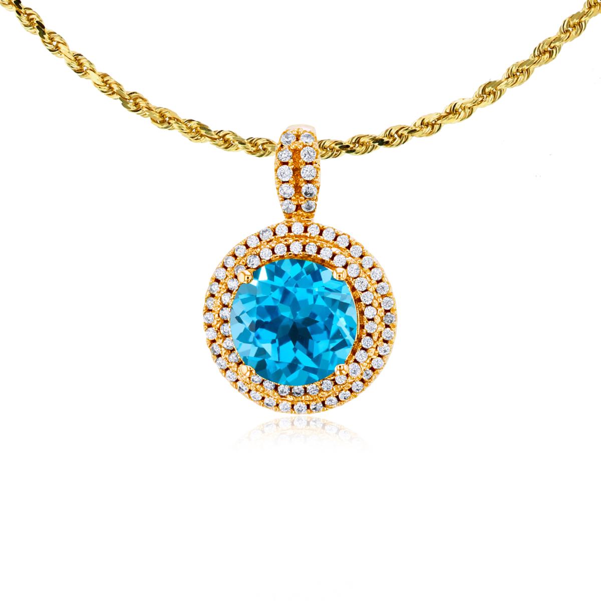 14K Yellow Gold 7mm Round Swiss Blue Topaz & 0.25 CTTW Diamonds Double Halo 18" Rope Chain Necklace