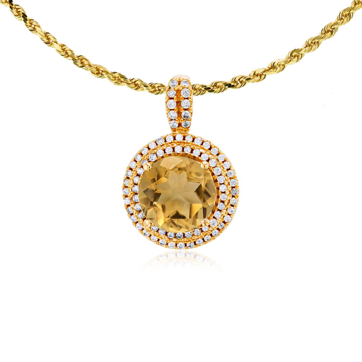 14K Yellow Gold 7mm Round Citrine & 0.25 CTTW Diamonds Double Halo 18" Rope Chain Necklace
