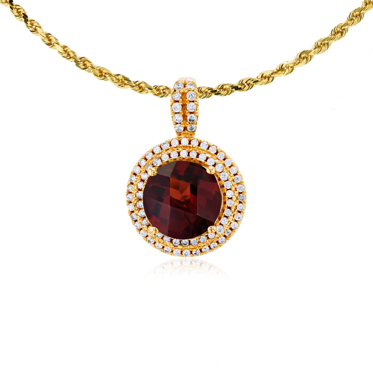 14K Yellow Gold 7mm Round Garnet & 0.25 CTTW Diamonds Double Halo 18" Rope Chain Necklace