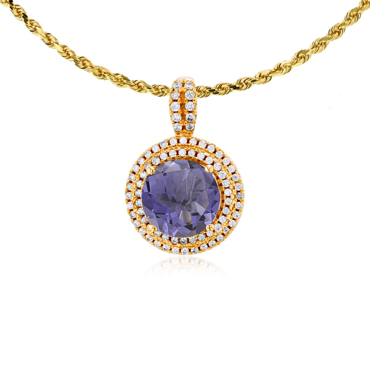 14K Yellow Gold 7mm Round Iolite & 0.25 CTTW Diamonds Double Halo 18" Rope Chain Necklace