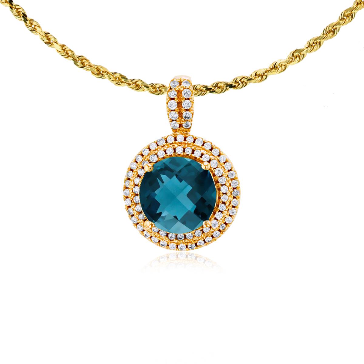 14K Yellow Gold 7mm Round London Blue Topaz & 0.25 CTTW Diamonds Double Halo 18" Rope Chain Necklace