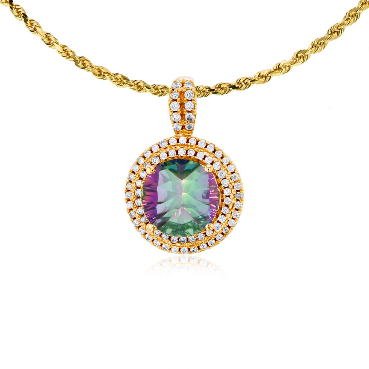 14K Yellow Gold 7mm Round Mystic Green Quartz & 0.25 CTTW Diamonds Double Halo 18" Rope Chain Necklace