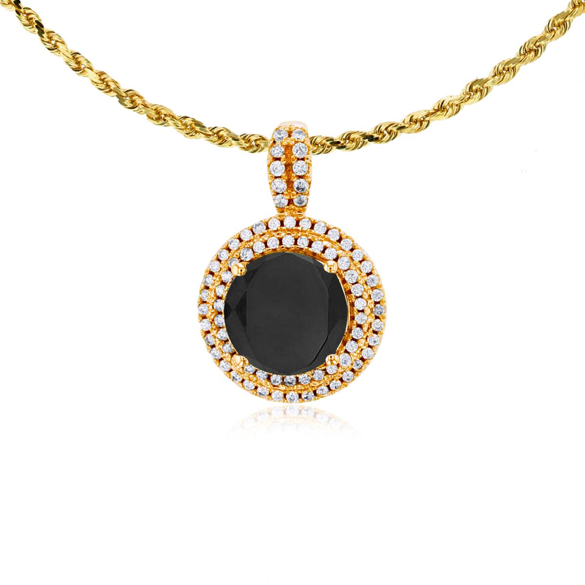 14K Yellow Gold 7mm Round Onyx & 0.25 CTTW Diamonds Double Halo 18" Rope Chain Necklace