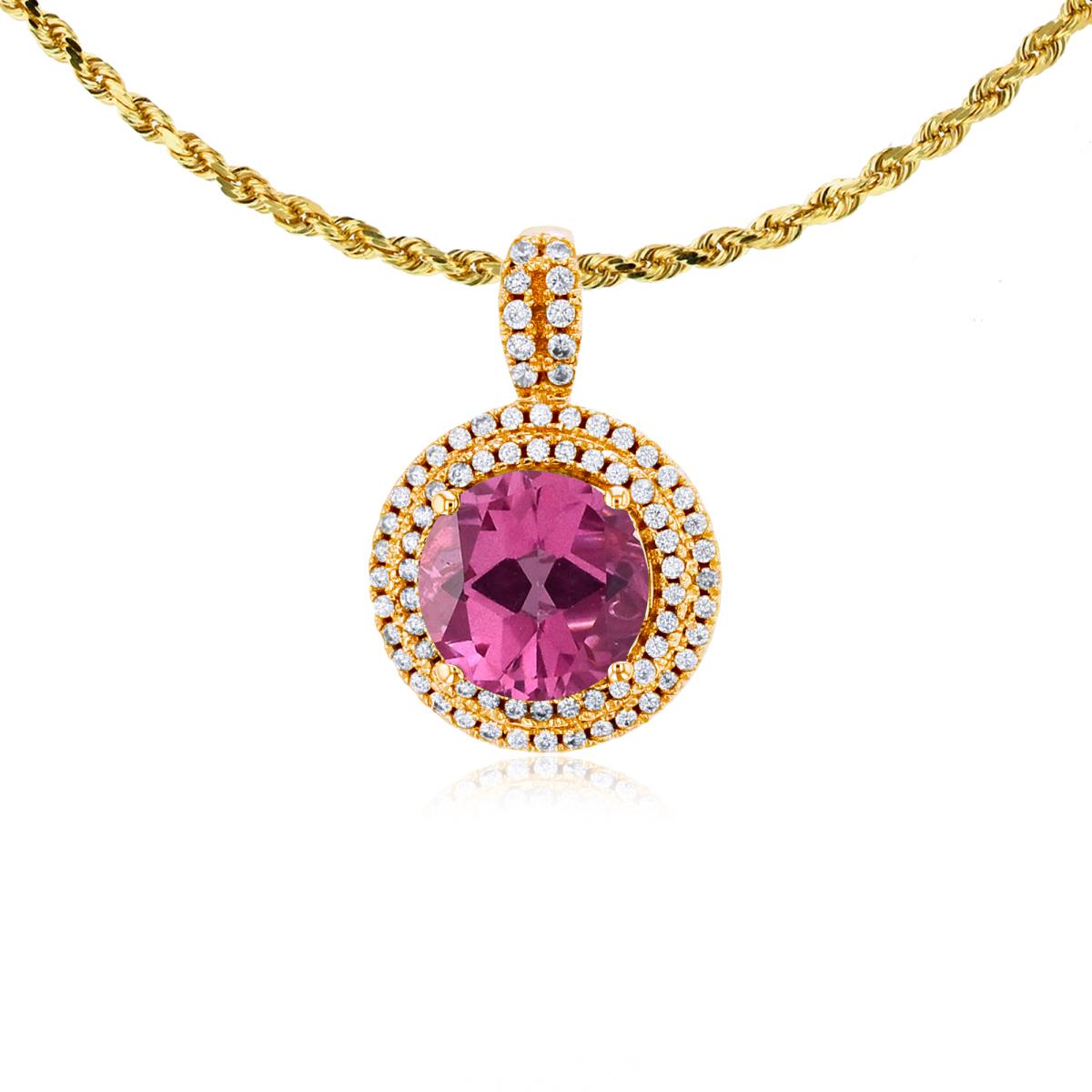 14K Yellow Gold 7mm Round Pure Pink & 0.25 CTTW Diamonds Double Halo 18" Rope Chain Necklace