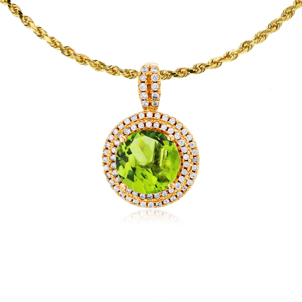14K Yellow Gold 7mm Round Peridot & 0.25 CTTW Diamonds Double Halo 18" Rope Chain Necklace