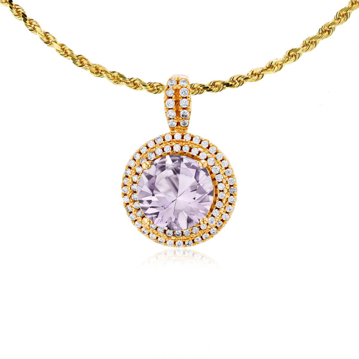 14K Yellow Gold 7mm Round Rose De France & 0.25 CTTW Diamonds Double Halo 18" Rope Chain Necklace