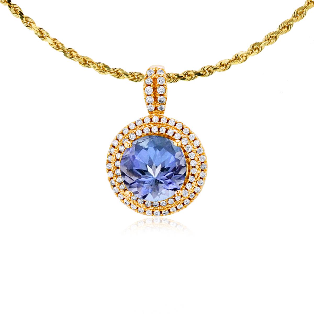 14K Yellow Gold 7mm Round Tanzanite & 0.25 CTTW Diamonds Double Halo 18" Rope Chain Necklace