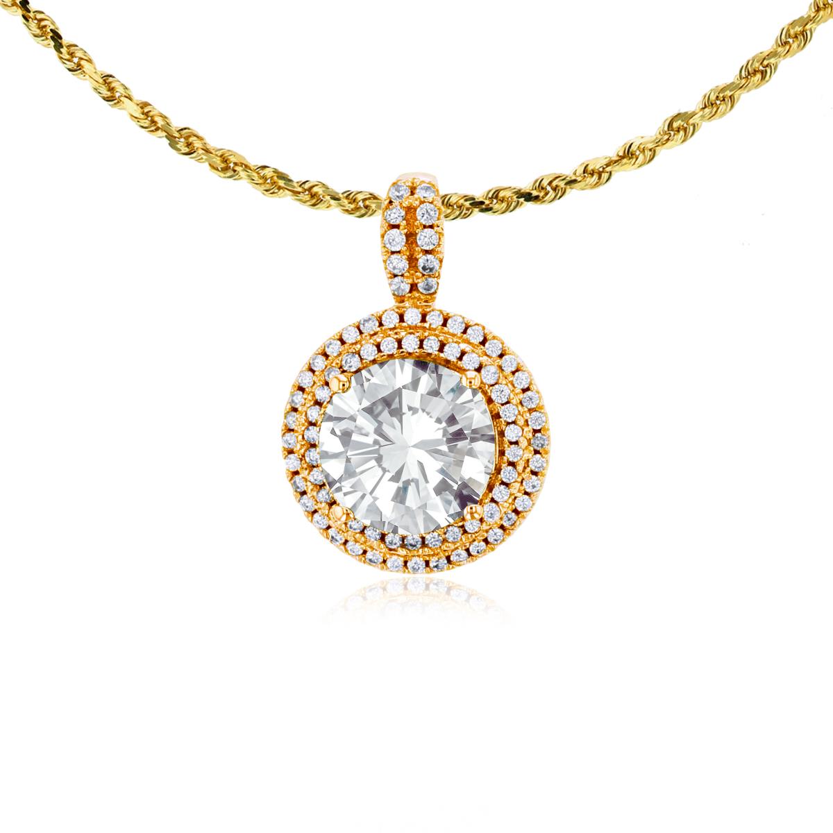 14K Yellow Gold 7mm Round White Topaz & 0.25 CTTW Diamonds Double Halo 18" Rope Chain Necklace
