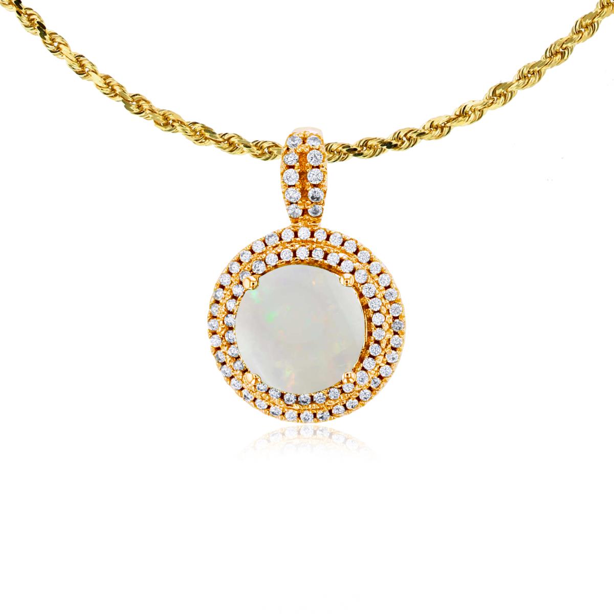 14K Yellow Gold 7mm Round Opal & 0.25 CTTW Diamonds Double Halo 18" Rope Chain Necklace