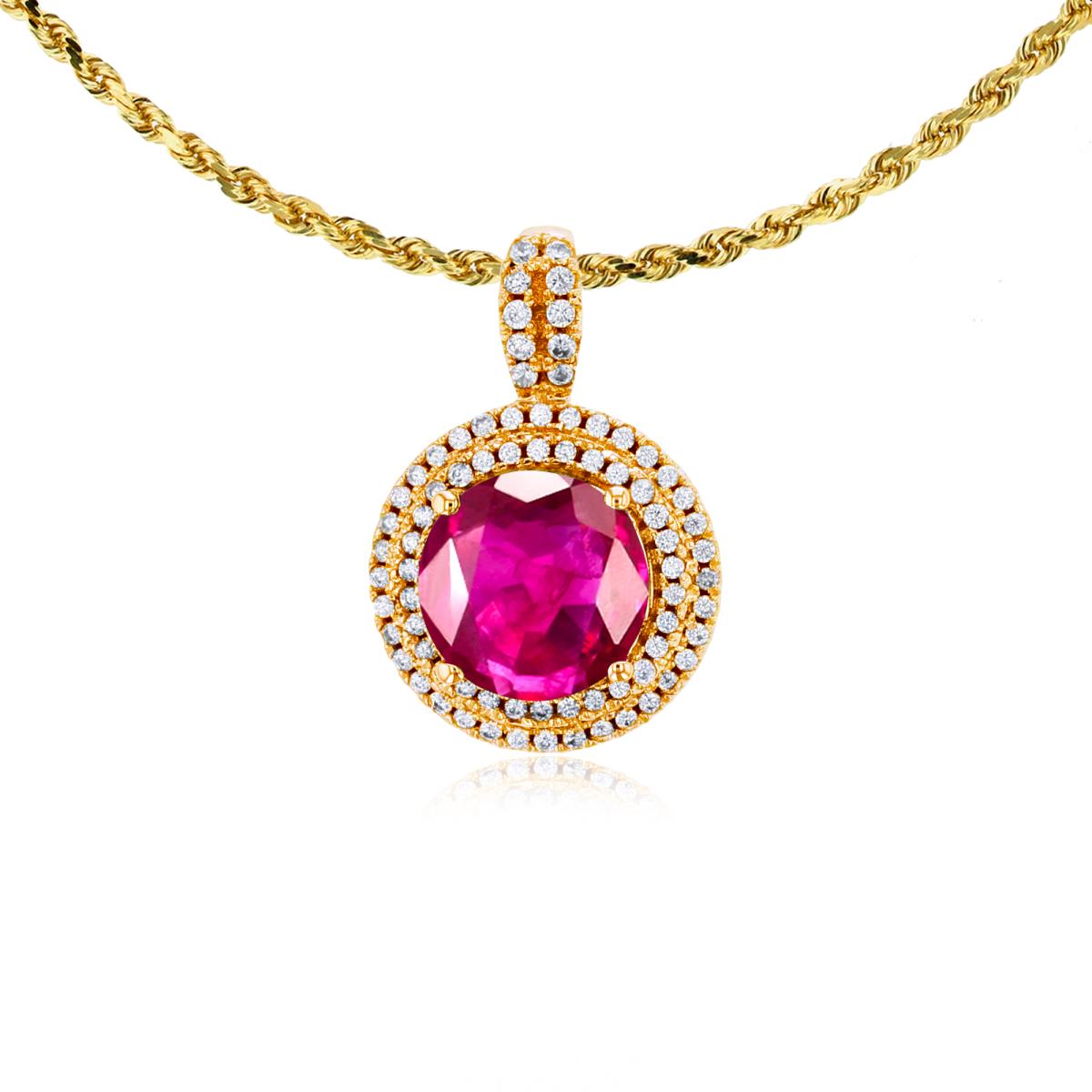 14K Yellow Gold 7mm Round Glass Filled Ruby & 0.25 CTTW Diamonds Double Halo 18" Rope Chain Necklace