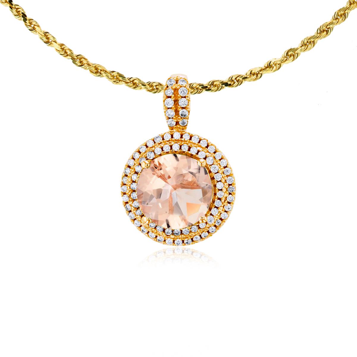 14K Yellow Gold 7mm Round Morganite & 0.25 CTTW Diamonds Double Halo 18" Rope Chain Necklace