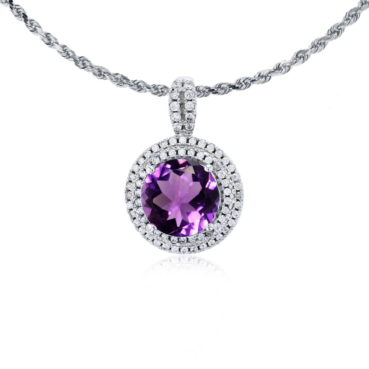 14K White Gold 7mm Round Amethyst & 0.25 CTTW Diamonds Double Halo 18" Rope Chain Necklace
