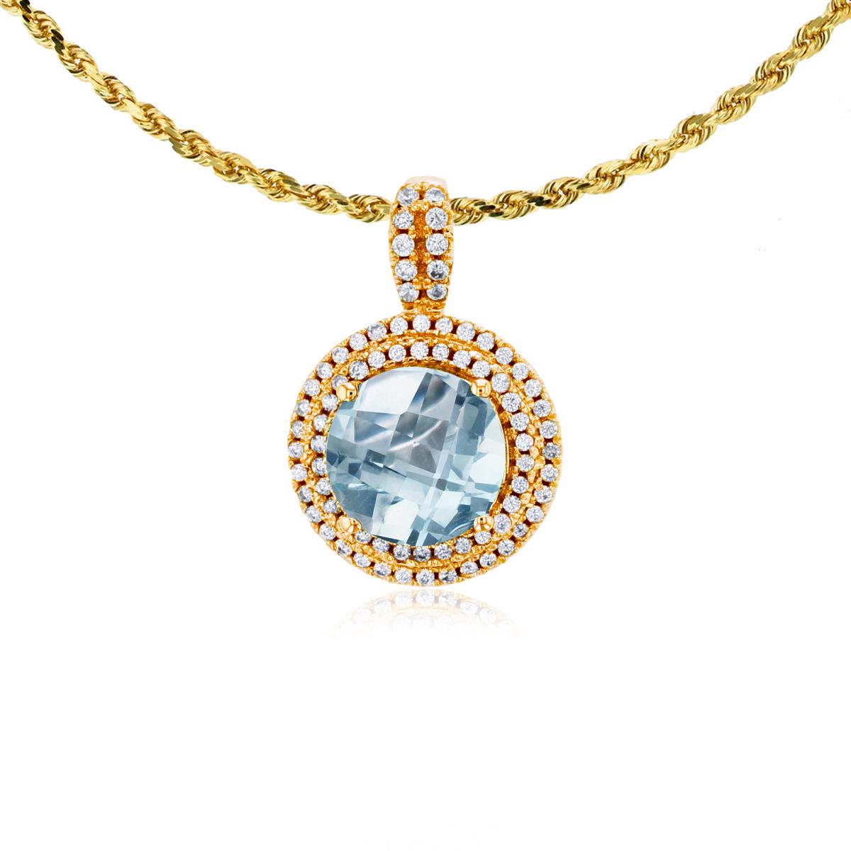 10K Yellow Gold 7mm Round Aquamarine & 0.25 CTTW Diamonds Double Halo 18" Rope Chain Necklace
