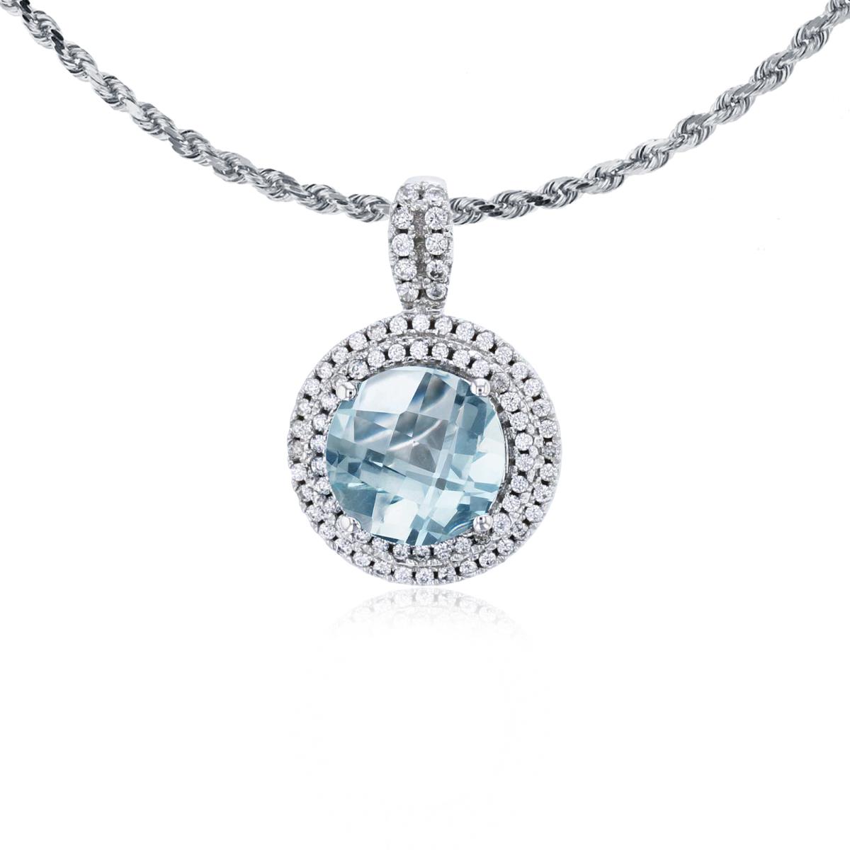 10K White Gold 7mm Round Aquamarine & 0.25 CTTW Diamonds Double Halo 18" Rope Chain Necklace