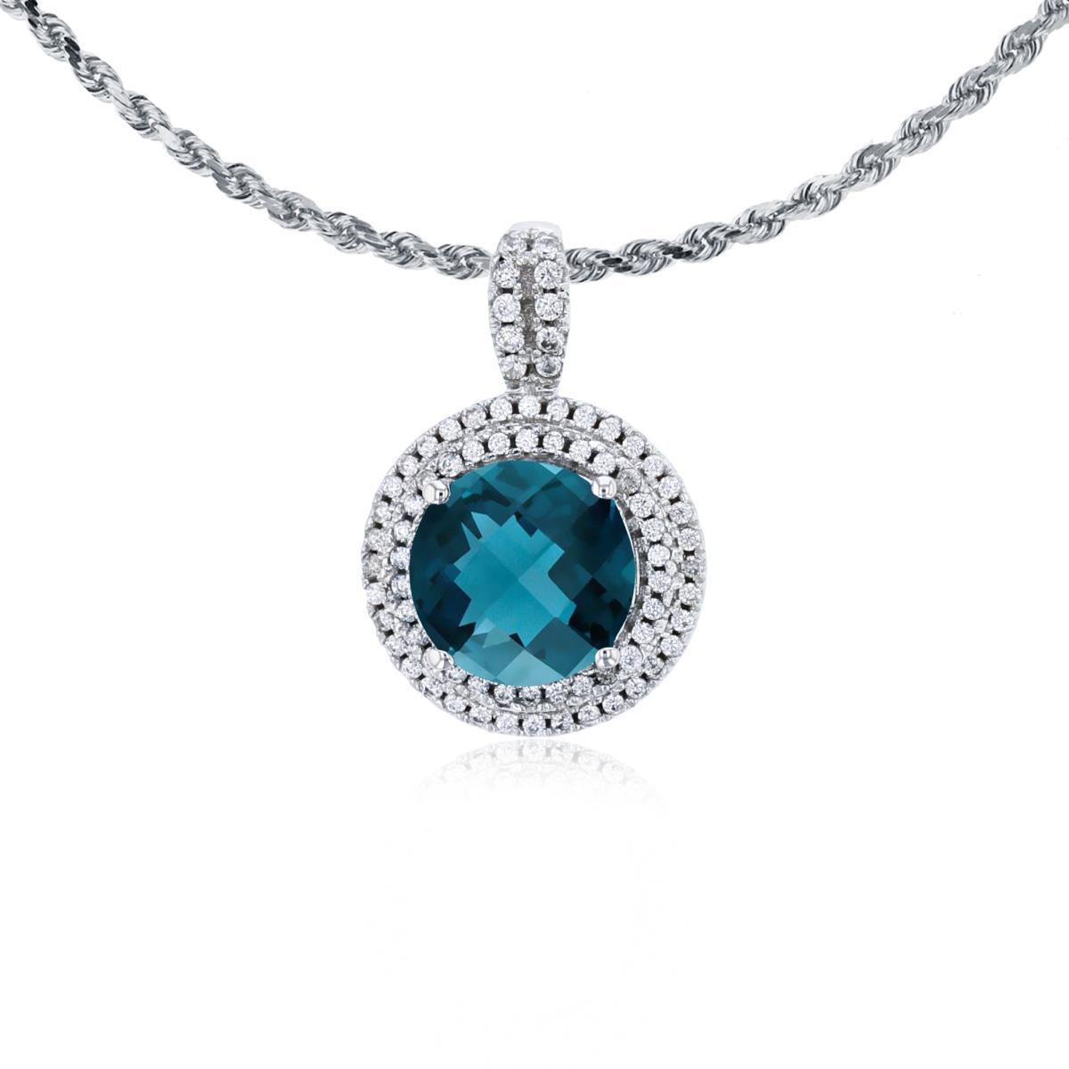 10K White Gold 7mm Round London Blue Topaz & 0.25 CTTW Diamonds Double Halo 18" Rope Chain Necklace