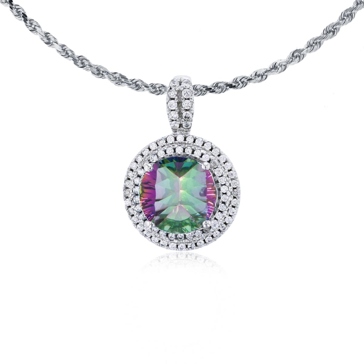 10K White Gold 7mm Round Mystic Green Topaz & 0.25 CTTW Diamonds Double Halo 18" Rope Chain Necklace
