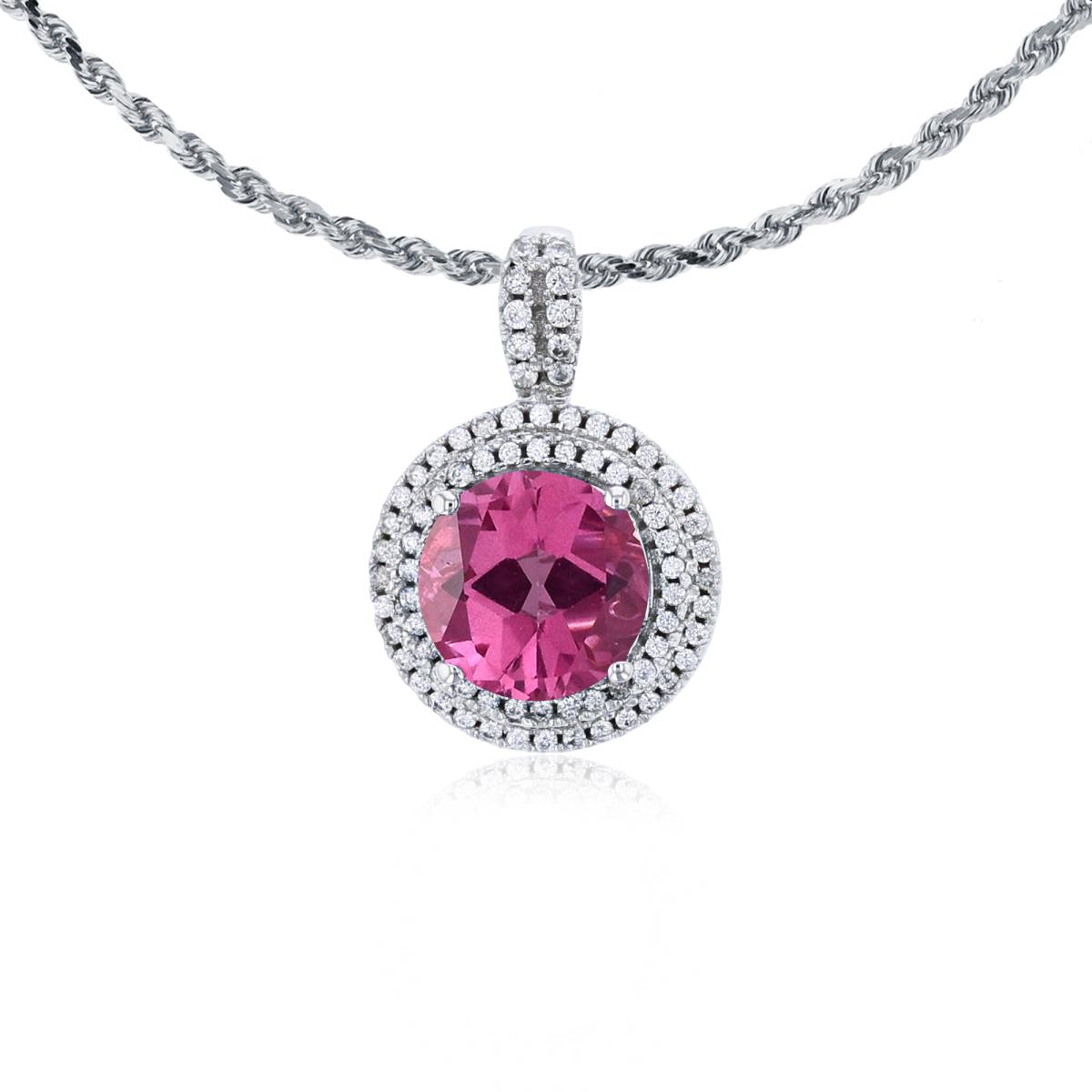 10K White Gold 7mm Round Pure Pink & 0.25 CTTW Diamonds Double Halo 18" Rope Chain Necklace