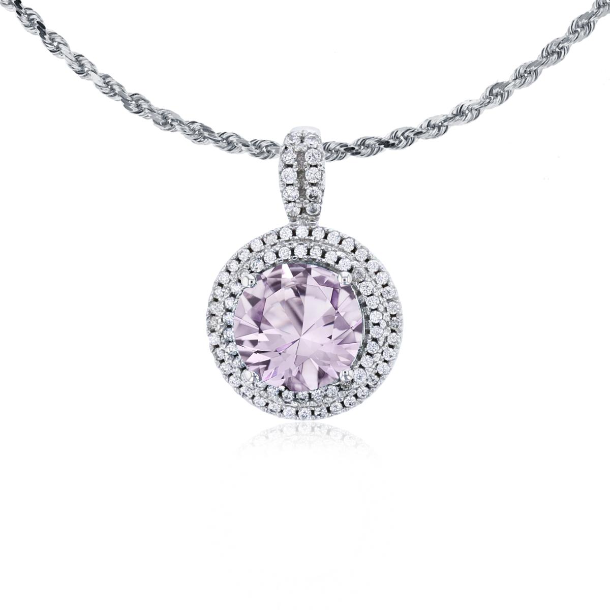 10K White Gold 7mm Round Rose De France & 0.25 CTTW Diamonds Double Halo 18" Rope Chain Necklace