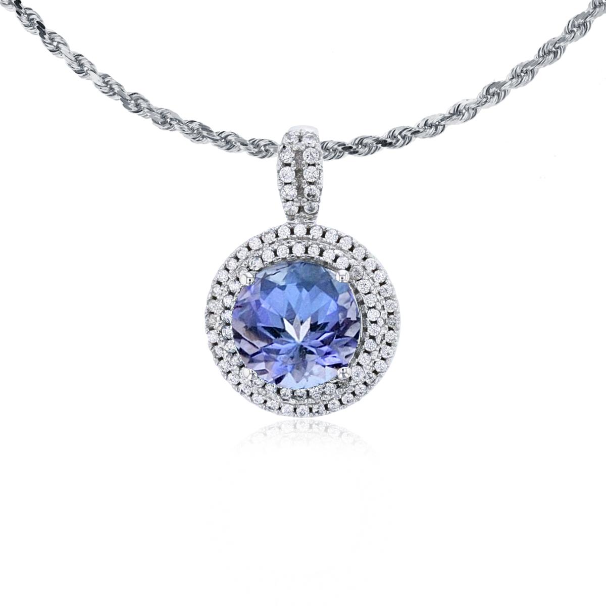 10K White Gold 7mm Round Tanzanite & 0.25 CTTW Diamonds Double Halo 18" Rope Chain Necklace