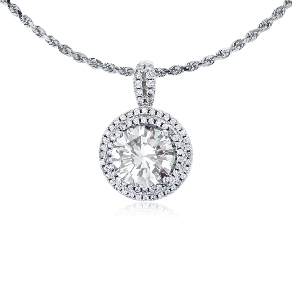 10K White Gold 7mm Round White Topaz & 0.25 CTTW Diamonds Double Halo 18" Rope Chain Necklace