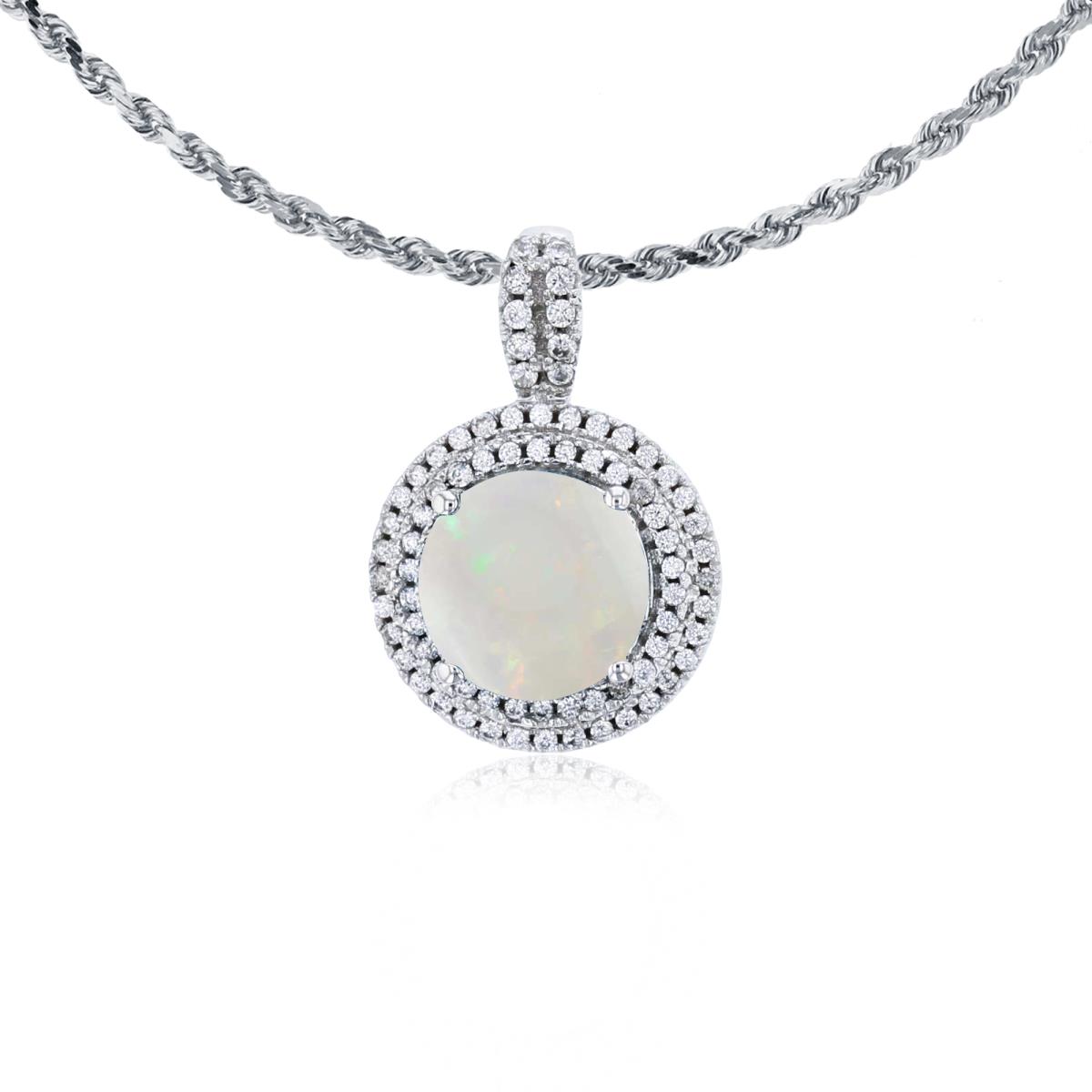 10K White Gold 7mm Round Opal & 0.25 CTTW Diamonds Double Halo 18" Rope Chain Necklace