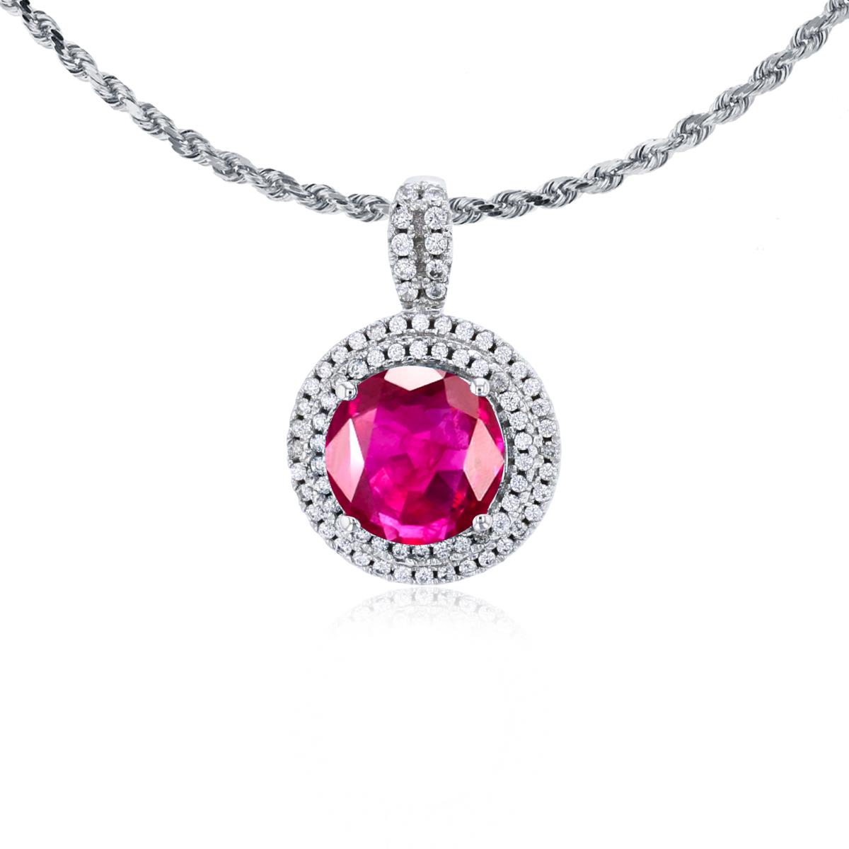 10K White Gold 7mm Round Glass Filled Ruby & 0.25 CTTW Diamonds Double Halo 18" Rope Chain Necklace