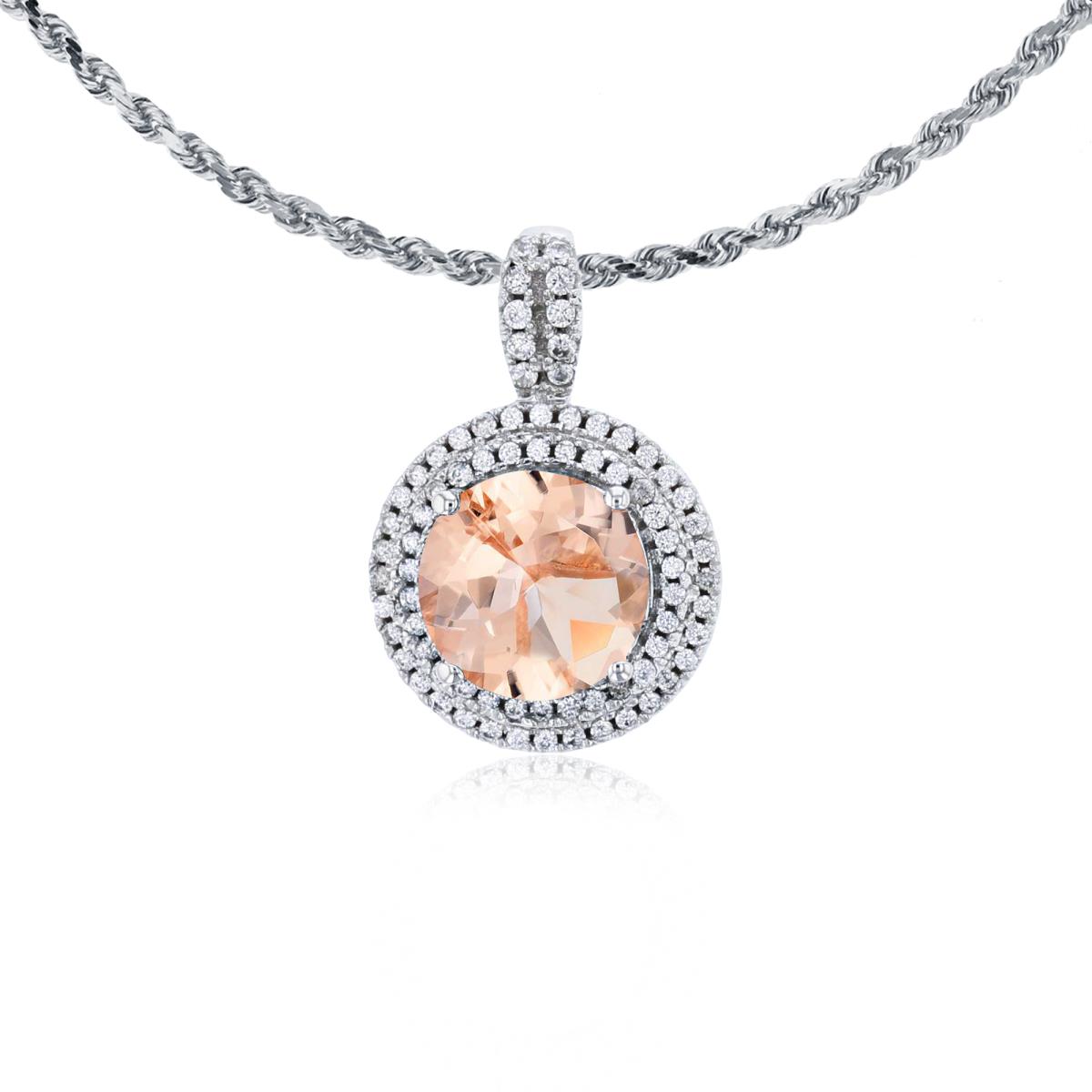 10K White Gold 7mm Round Morganite & 0.25 CTTW Diamonds Double Halo 18" Rope Chain Necklace