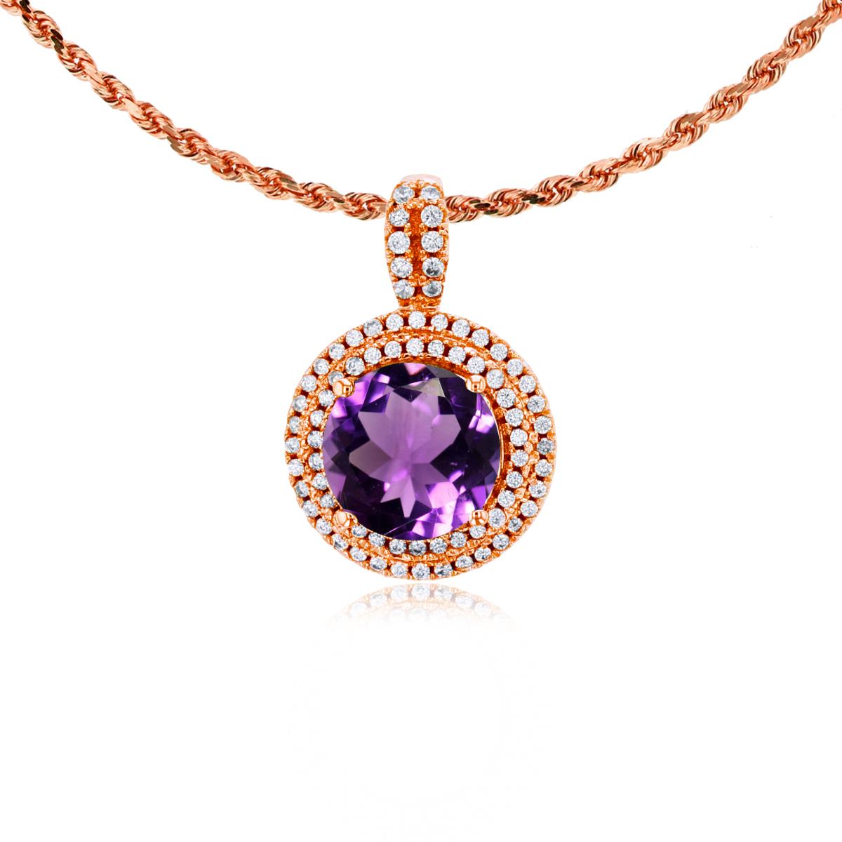 10K Rose Gold 7mm Round Amethyst & 0.25 CTTW Diamonds Double Halo 18" Rope Chain Necklace