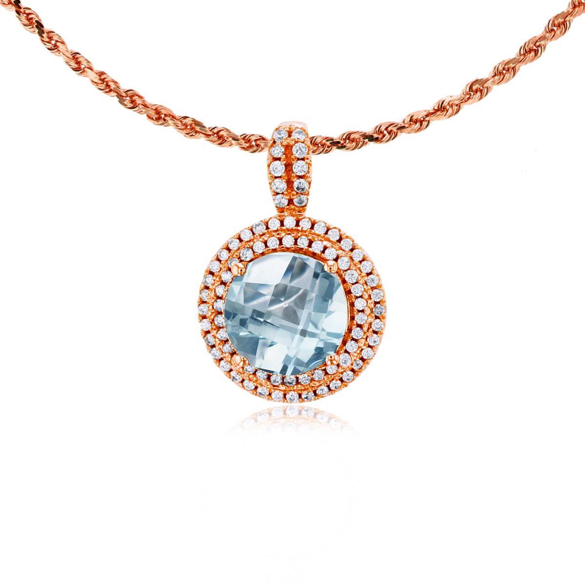 10K Rose Gold 7mm Round Aquamarine & 0.25 CTTW Diamonds Double Halo 18" Rope Chain Necklace