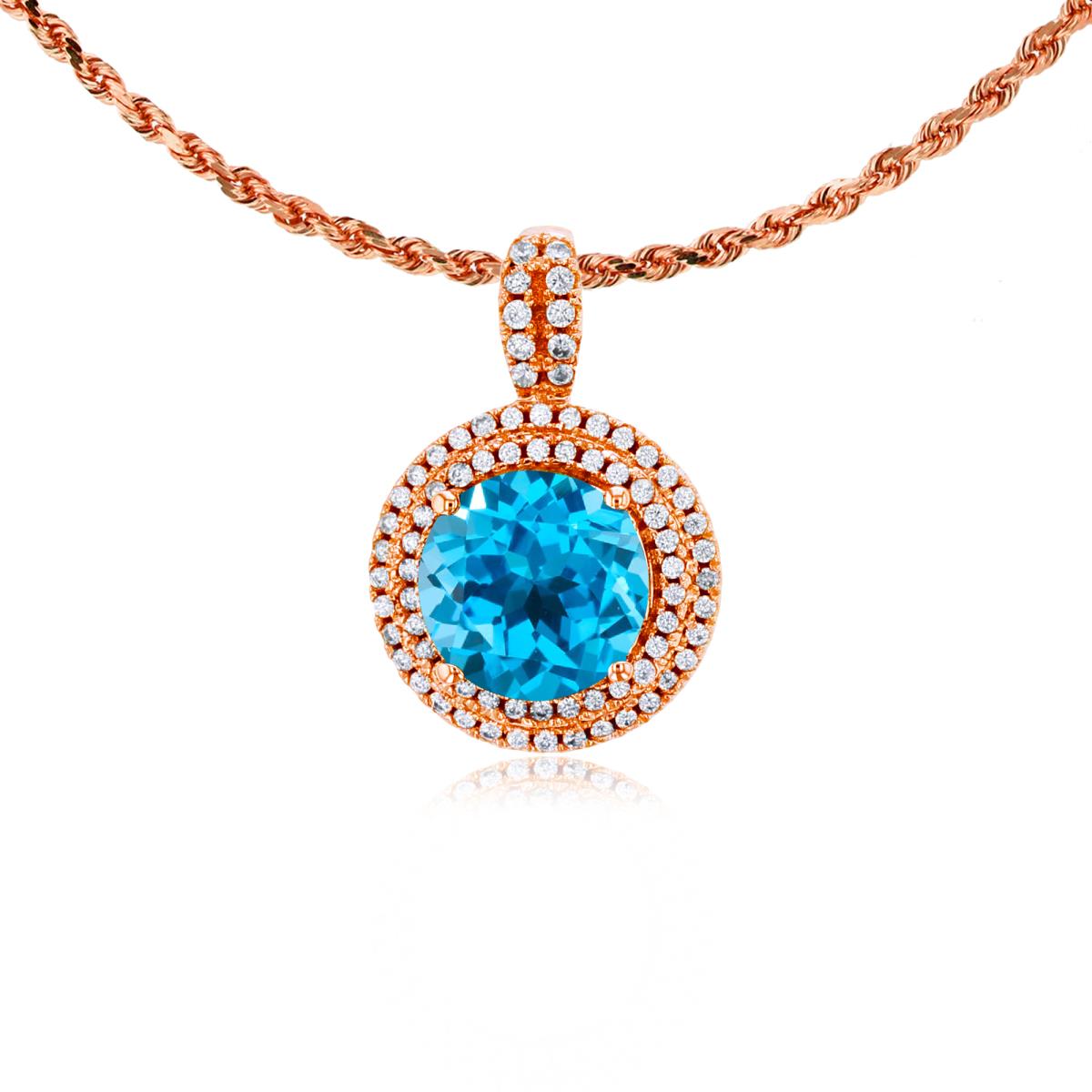 10K Rose Gold 7mm Round Swiss Blue Topaz & 0.25 CTTW Diamonds Double Halo 18" Rope Chain Necklace