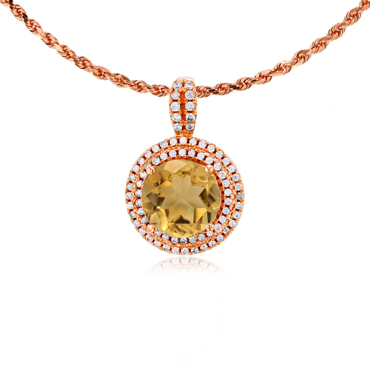 10K Rose Gold 7mm Round Citrine & 0.25 CTTW Diamonds Double Halo 18" Rope Chain Necklace