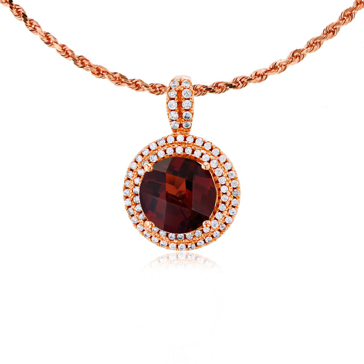 10K Rose Gold 7mm Round Garnet & 0.25 CTTW Diamonds Double Halo 18" Rope Chain Necklace