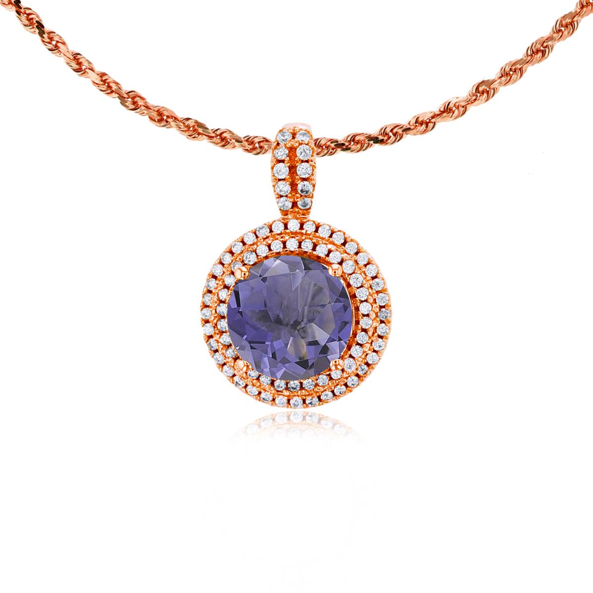 10K Rose Gold 7mm Round Iolite & 0.25 CTTW Diamonds Double Halo 18" Rope Chain Necklace