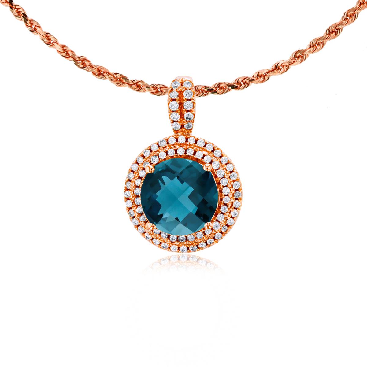 10K Rose Gold 7mm Round London Blue Topaz & 0.25 CTTW Diamonds Double Halo 18" Rope Chain Necklace
