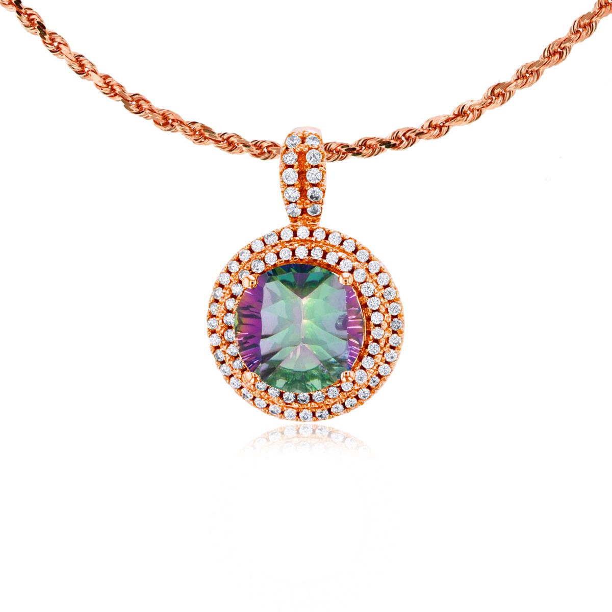 10K Rose Gold 7mm Round Mystic Green Topaz & 0.25 CTTW Diamonds Double Halo 18" Rope Chain Necklace