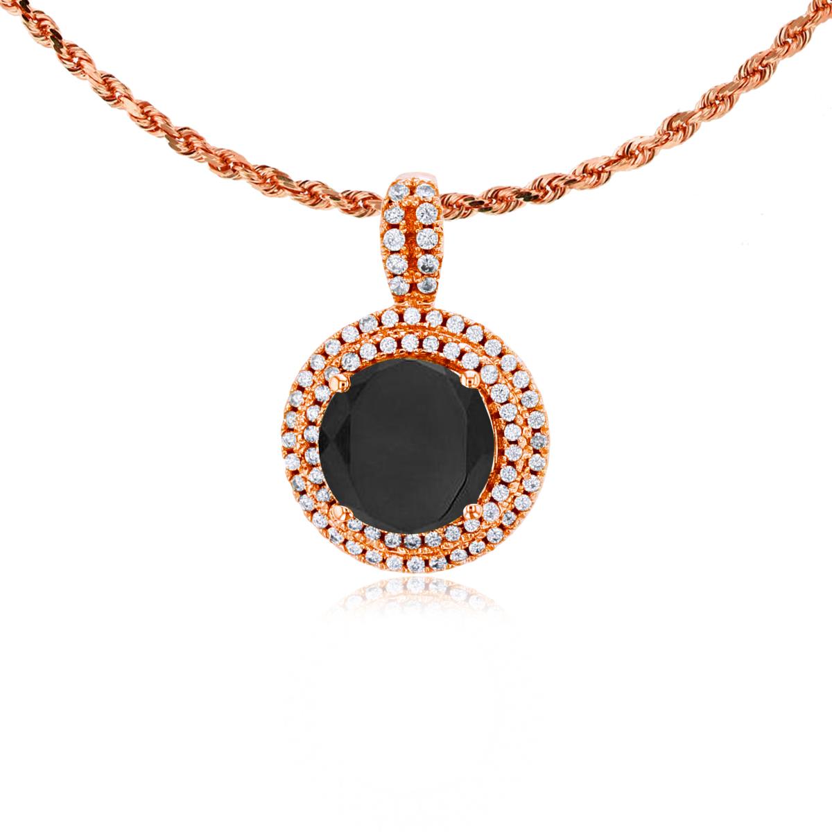 10K Rose Gold 7mm Round Onyx & 0.25 CTTW Diamonds Double Halo 18" Rope Chain Necklace