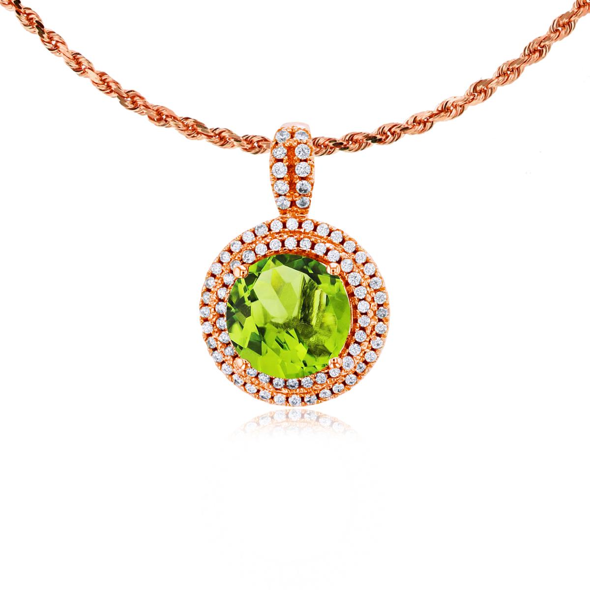 10K Rose Gold 7mm Round Peridot & 0.25 CTTW Diamonds Double Halo 18" Rope Chain Necklace