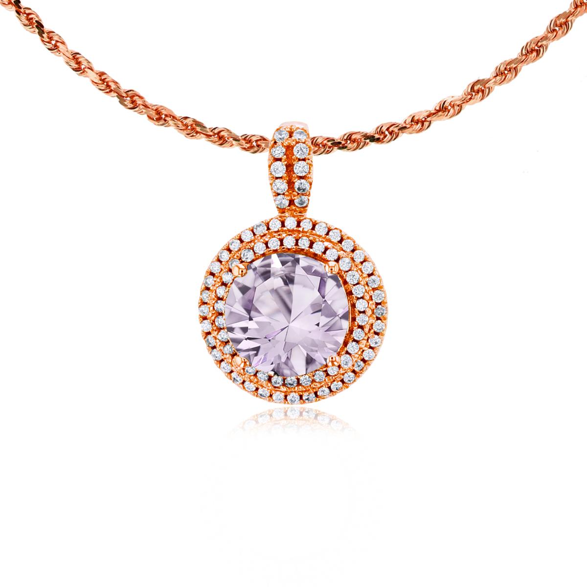 10K Rose Gold 7mm Round Rose De France & 0.25 CTTW Diamonds Double Halo 18" Rope Chain Necklace