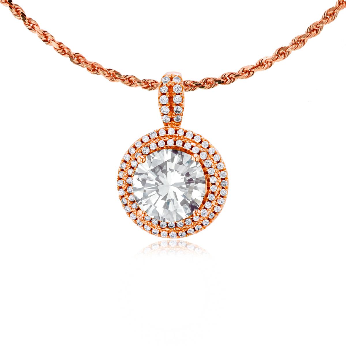 10K Rose Gold 7mm Round White Topaz & 0.25 CTTW Diamonds Double Halo 18" Rope Chain Necklace