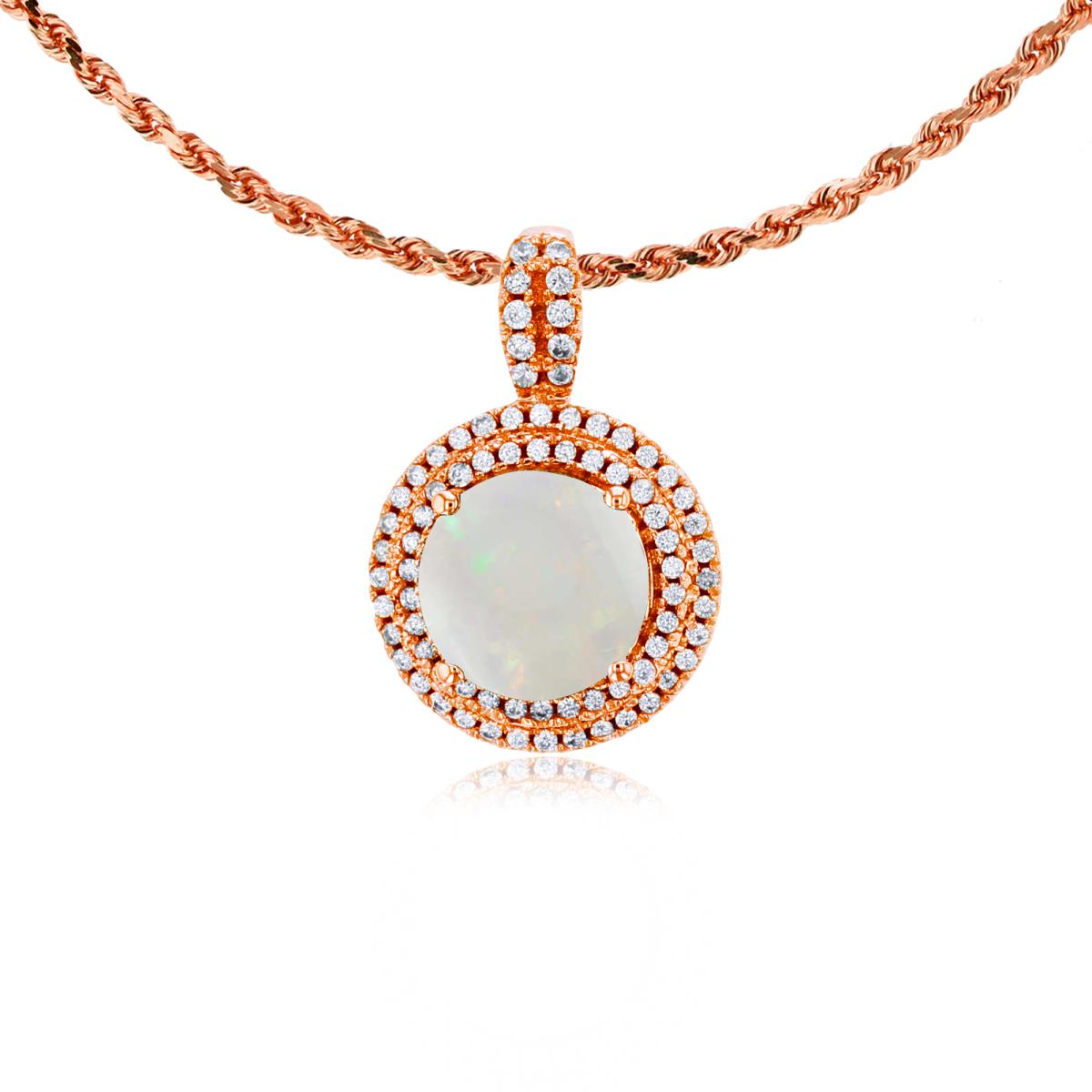 10K Rose Gold 7mm Round Opal & 0.25 CTTW Diamonds Double Halo 18" Rope Chain Necklace