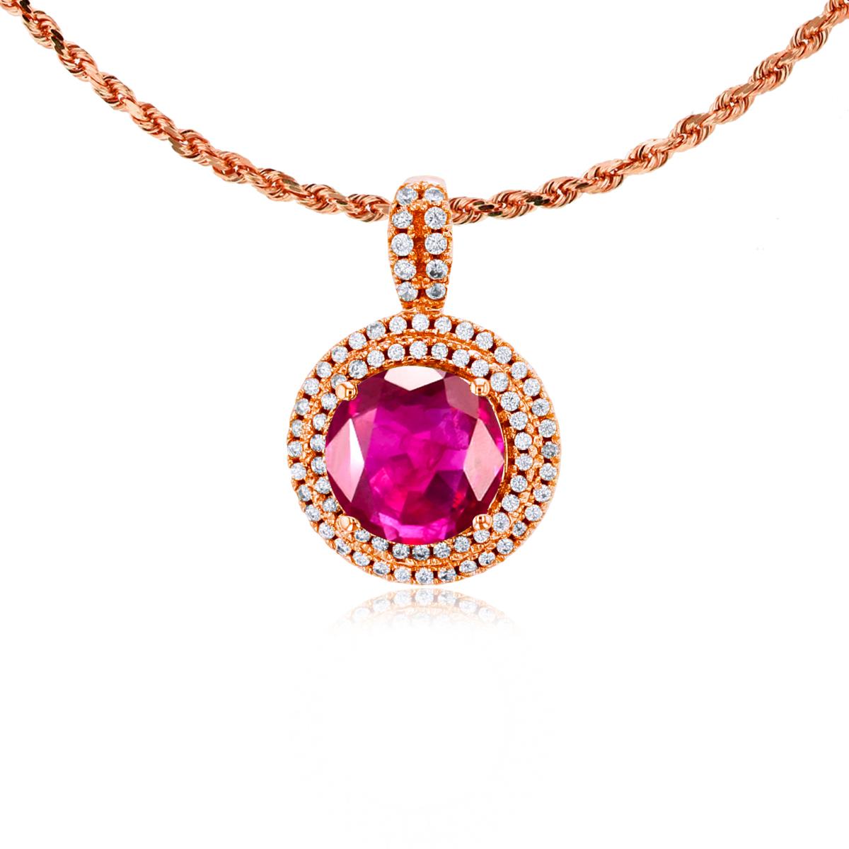 10K Rose Gold 7mm Round Glass Filled Ruby & 0.25 CTTW Diamonds Double Halo 18" Rope Chain Necklace